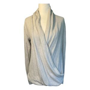 Mesh + Lace Draped Wrap Sweater Light Gray Soft Knit Top Long Sleeve V-Neck XS